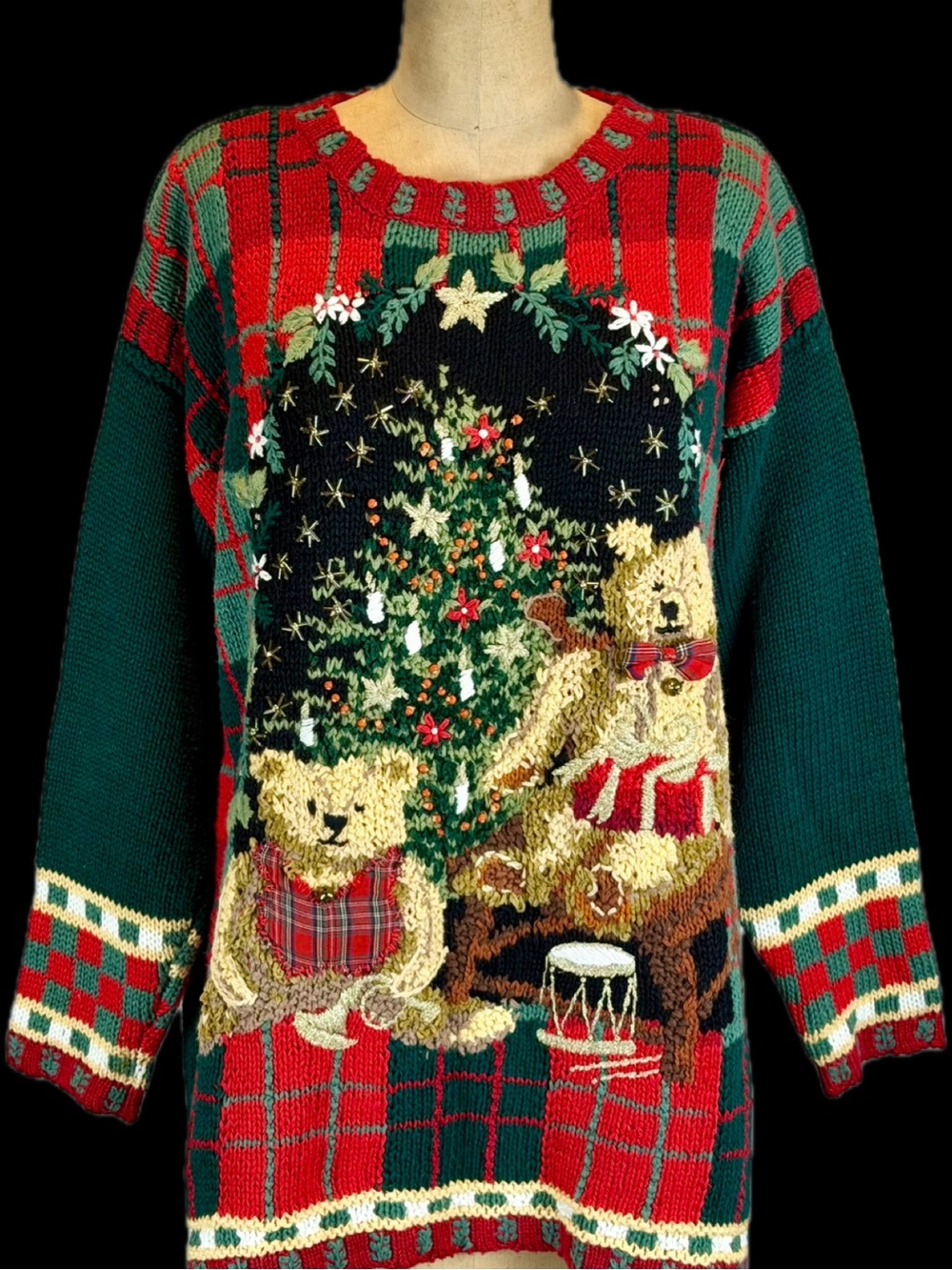 VINTAGE 90s teddy‎ bear Christmas tree graphic sweater knit tartan plaid Tiara